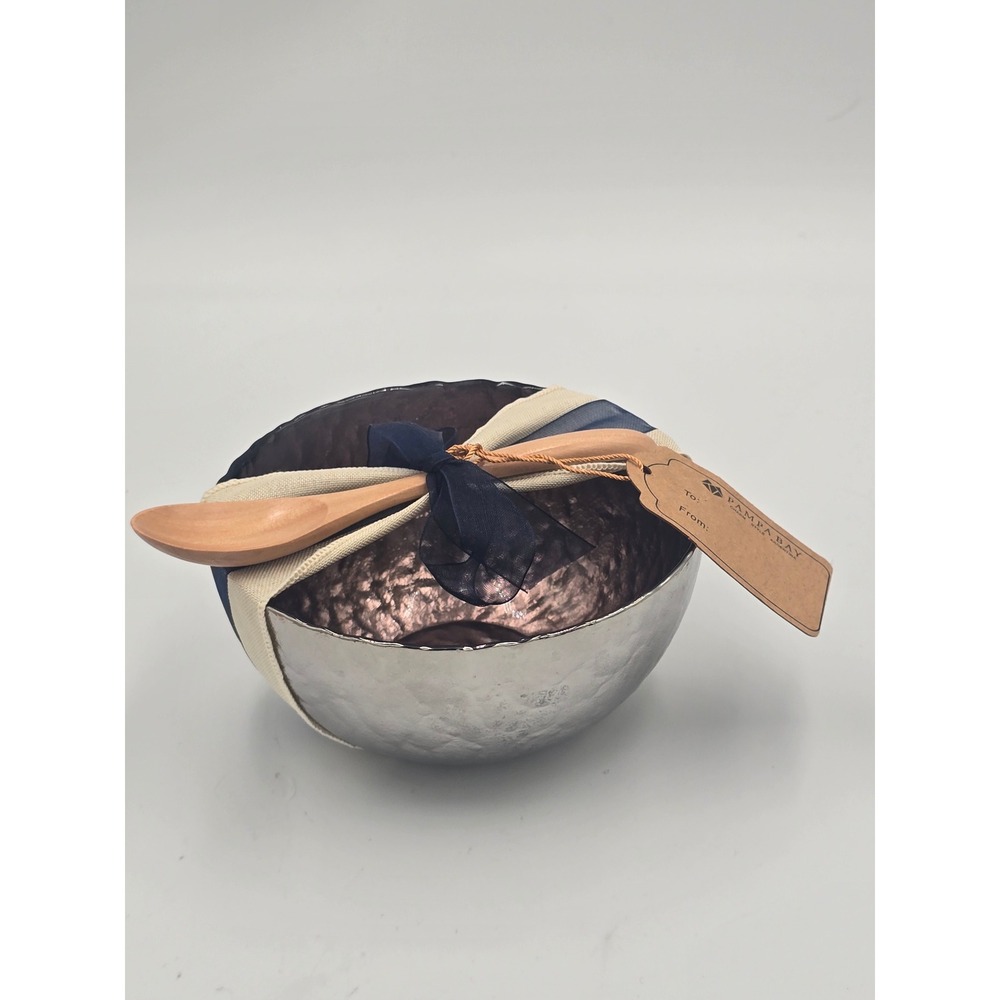 Pampa Bay Textured Glass and Titanium Serving Bowl with Bamboo Spoon Set NEW